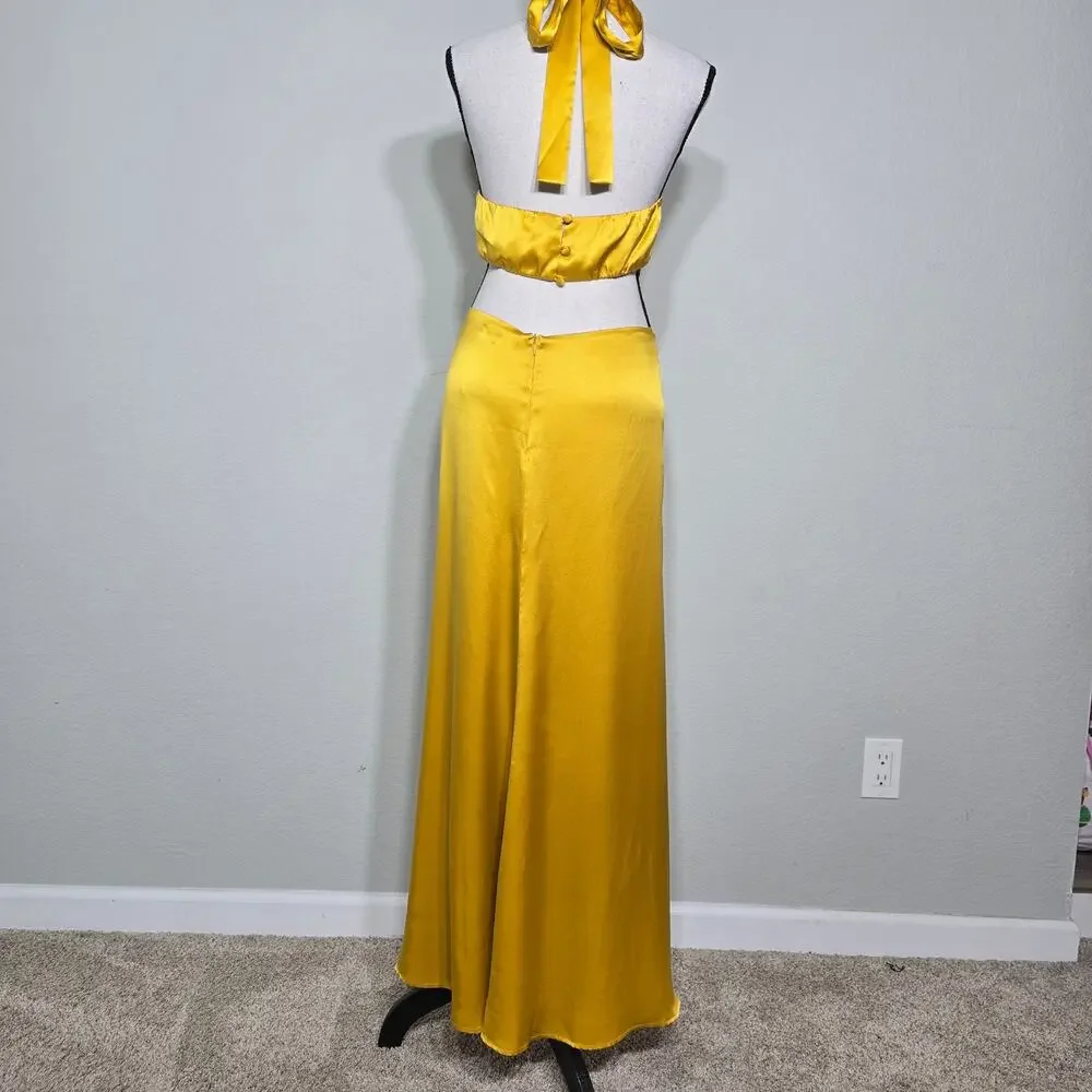 Reformation Silk Halter Maxi Dress Sz 4 Gold Cutout Backless Formal Evening Luxe - Picture 3 of 13